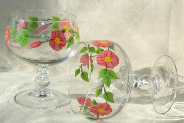 photo of Franciscan Desert Rose go along glassware, pink flowers large champagne coupes marked France #3