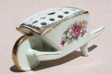 catalog photo of French Bouquet vintage Norcrest Japan china flower frog wheelbarrow planter vase