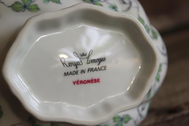 photo of French Royal Limoges Veronese china vintage flower bowl, grey green leaves & clover #3