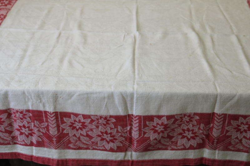 photo of French country cotton kitchen tablecloth early 1900s vintage turkey red & white border #5