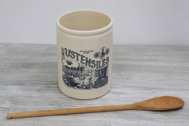 photo of French country kitchen ceramic spoon jar crock, vintage artwork USTENSILES, made in France #1