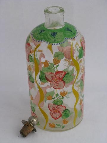 photo of French country or Italian style vintage painted flowers glass decanter or oil bottle #2