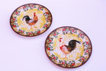 catalog photo of French country style folk art plates w/ roosters, Petite Provence colorful chickens china