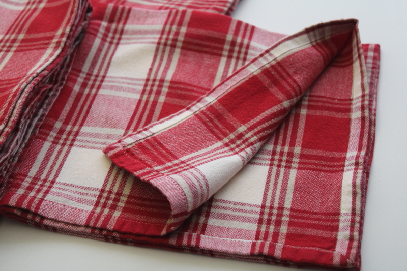 photo of French country style red, flax, cream plaid napkins, heavy cotton fabric cloth napkin set #2