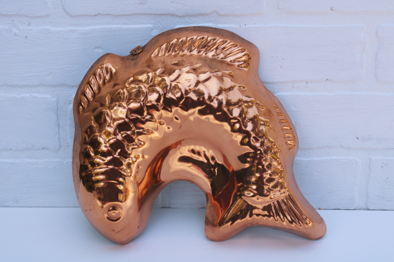 photo of French country style vintage copper mold large fish shape food mold for jello or aspic #1