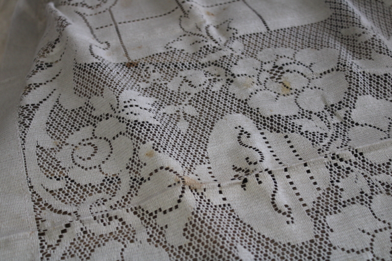 photo of French country style vintage lace tablecloth, rustic natural flax colored cotton lace #4