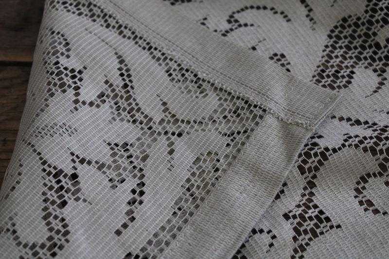photo of French country style vintage lace tablecloth, rustic natural flax colored cotton lace #6