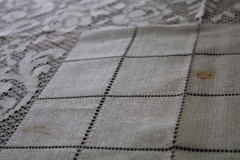 photo of French country style vintage lace tablecloth, rustic natural flax colored cotton lace #7
