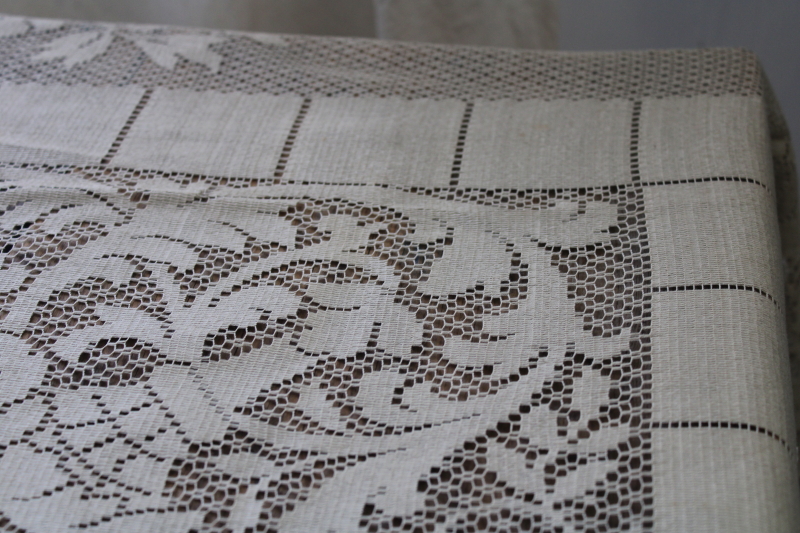 photo of French country style vintage lace tablecloth, rustic natural flax colored cotton lace #8