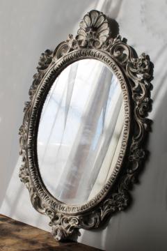 catalog photo of French country style vintage mirror, distressed white wax look ornate plastic frame 