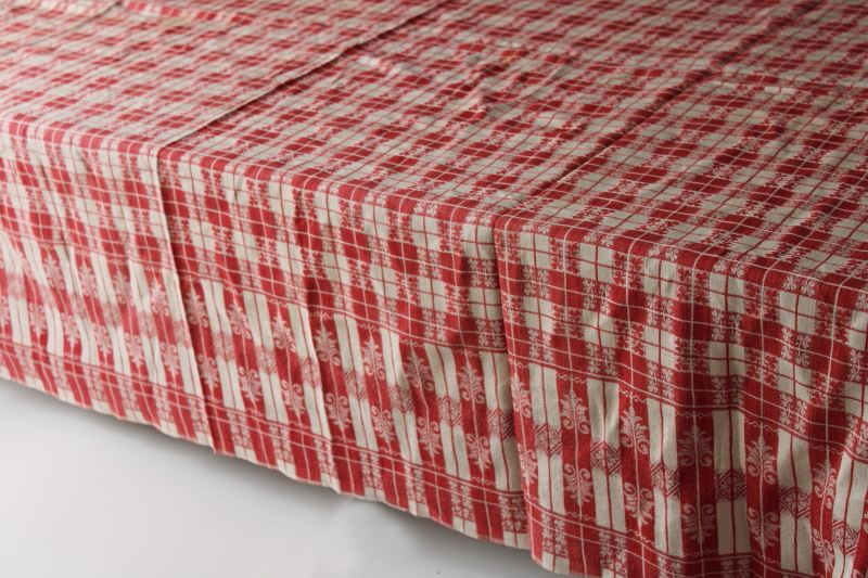 photo of French country vintage jacquard tablecloth, red & white checked cotton cloth farmhouse table #1