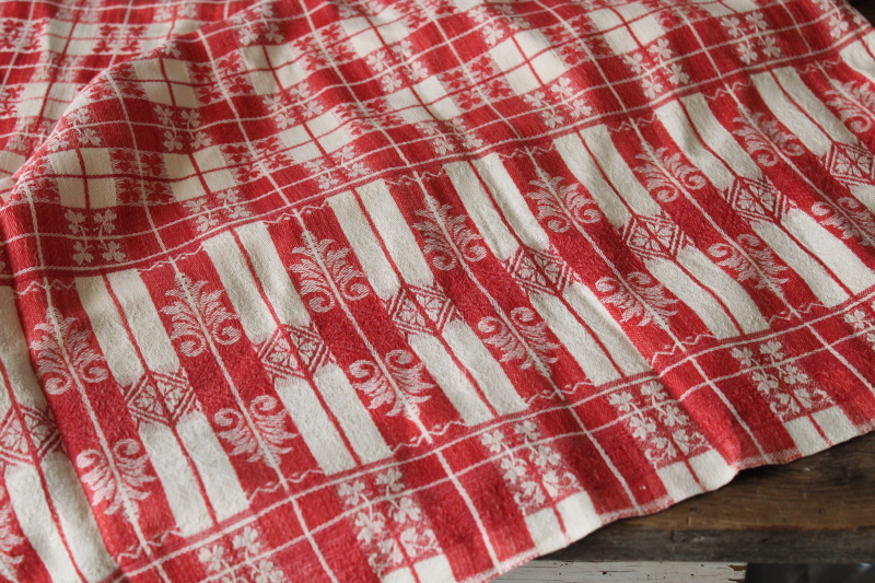 photo of French country vintage jacquard tablecloth, red & white checked cotton cloth farmhouse table #3