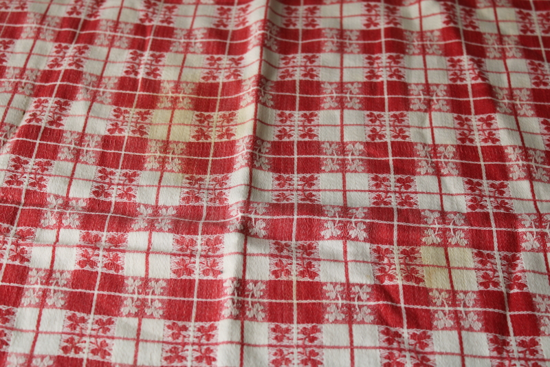 photo of French country vintage jacquard tablecloth, red & white checked cotton cloth farmhouse table #4