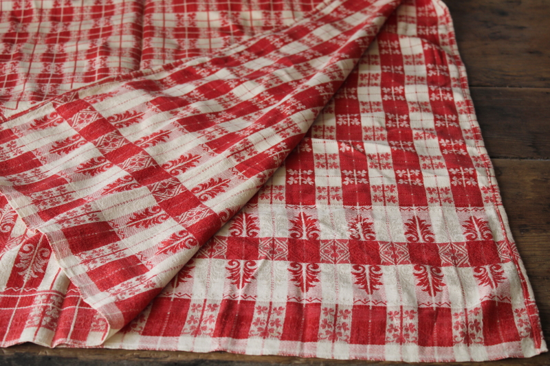 photo of French country vintage jacquard tablecloth, red & white checked cotton cloth farmhouse table #6