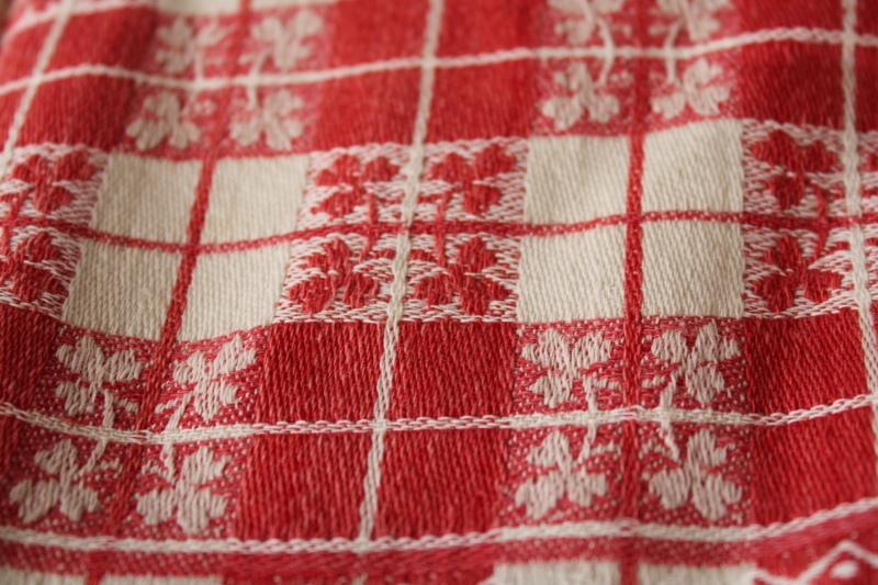 photo of French country vintage jacquard tablecloth, red & white checked cotton cloth farmhouse table #7