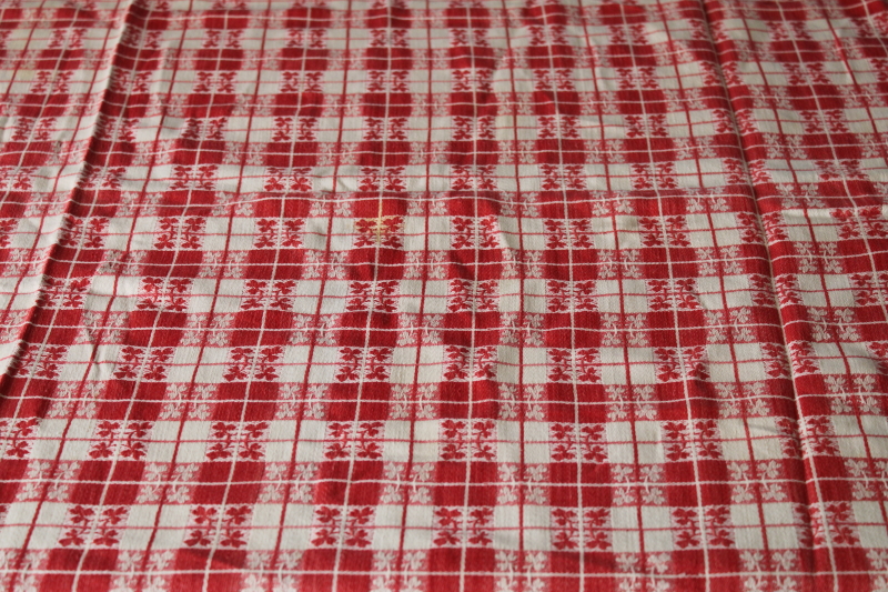 photo of French country vintage jacquard tablecloth, red & white checked cotton cloth farmhouse table #9