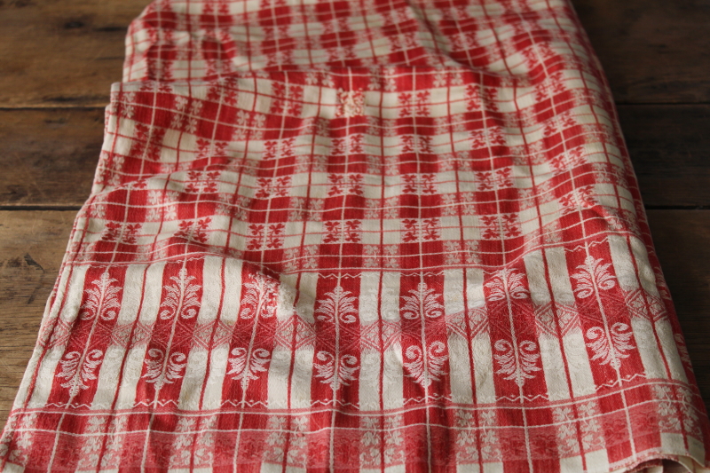 photo of French country vintage jacquard tablecloth, red & white checked cotton cloth farmhouse table #10