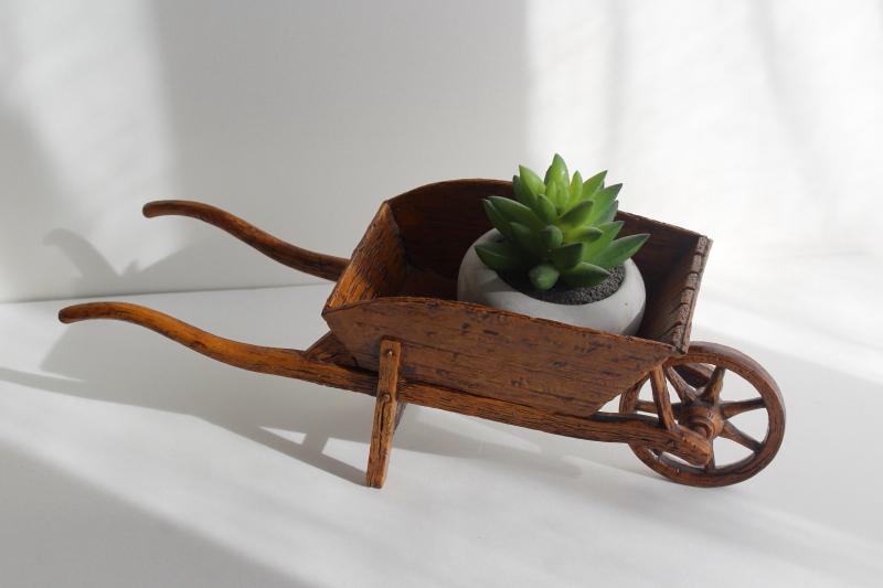 photo of French country vintage rustic wood look plastic wheelbarrow for planter or flowers #4