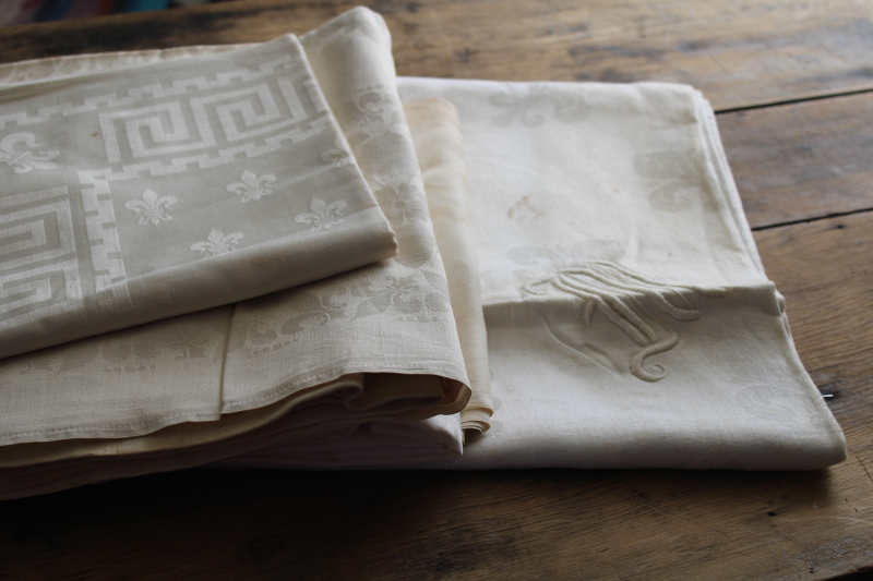 photo of French fleur de lis damask tablecloths vintage table linens lot, cotton & linen #1