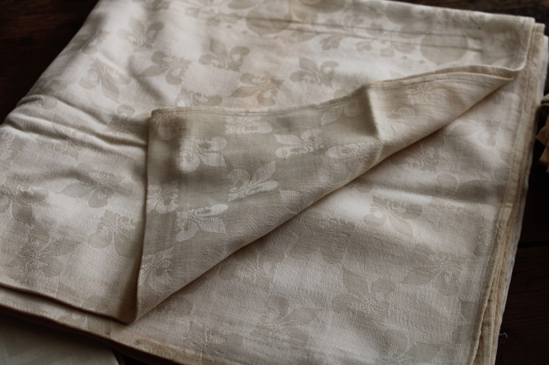 photo of French fleur de lis damask tablecloths vintage table linens lot, cotton & linen #9