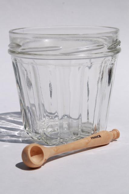 photo of French glass jelly mold jar & tiny wood spoon, wooden spoon marked France #1