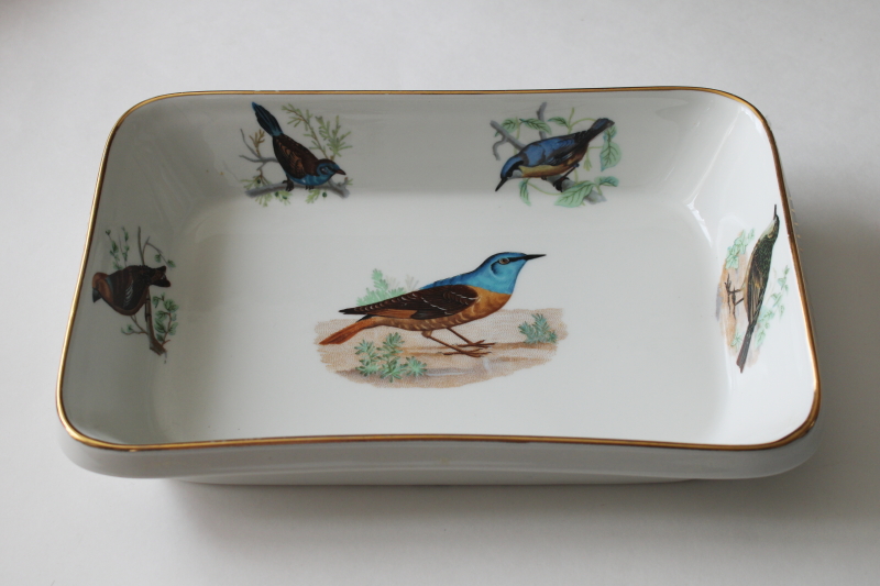 photo of French heat proof porcelain casserole baking dish w/ song birds print, Lourioux La Faune ironstone china  #1