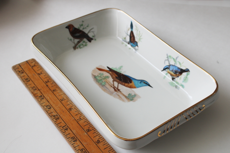 photo of French heat proof porcelain casserole baking dish w/ song birds print, Lourioux La Faune ironstone china  #7