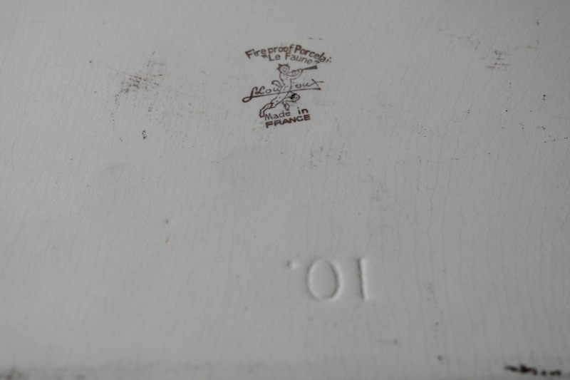 photo of French heat proof porcelain casserole baking dish w/ song birds print, Lourioux La Faune ironstone china  #9