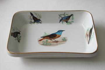 French heat proof porcelain casserole baking dish w/ song birds print, Lourioux La Faune ironstone china 