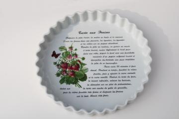 catalog photo of French kitchen strawberry tart pan, fluted china baking dish w/ print recipe Tarte aux Fraises