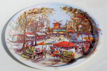 catalog photo of French street scene vintage round tin table top serving tray, Daher Decorated Ware