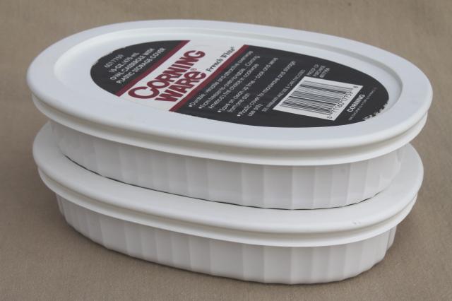 photo of French white Corning Ware oval gratin individual casseroles w/ snap on plastic lids #1