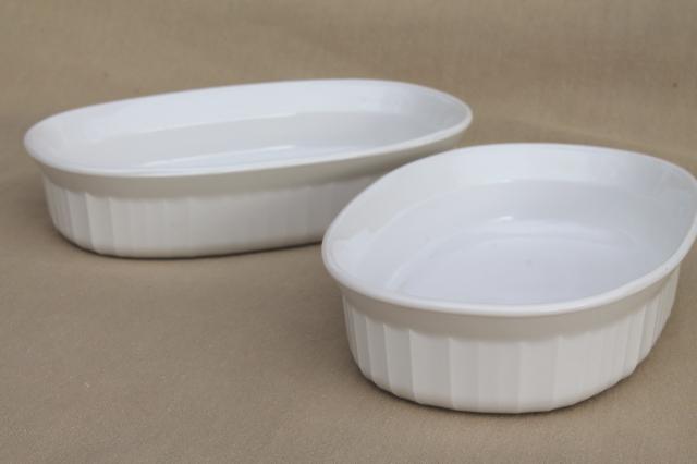 photo of French white Corning Ware oval gratin individual casseroles w/ snap on plastic lids #6