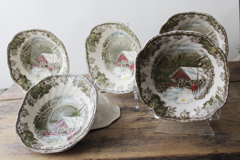 photo of Friendly Village Johnson Bros china set of 6 Covered Bridge cereal bowls vintage England #1