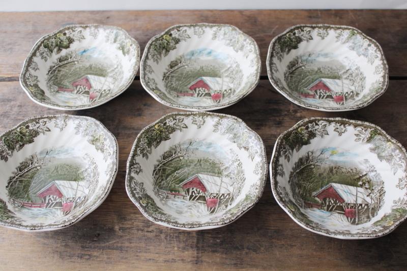 photo of Friendly Village Johnson Bros china set of 6 Covered Bridge cereal bowls vintage England #4