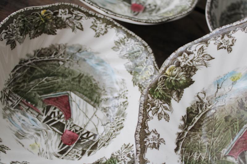 photo of Friendly Village Johnson Bros china set of 6 Covered Bridge cereal bowls vintage England #5