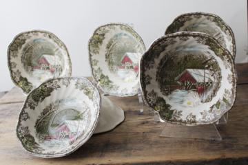 catalog photo of Friendly Village Johnson Bros china set of 6 Covered Bridge cereal bowls vintage England