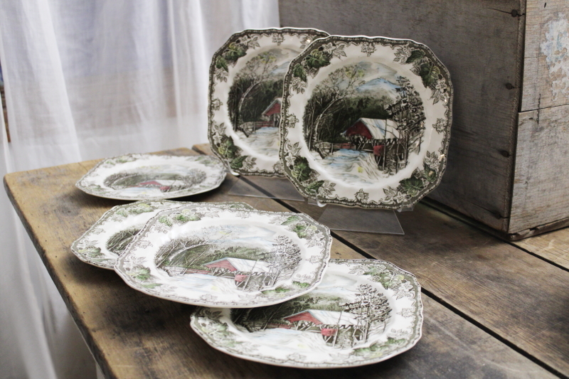 photo of Friendly Village Johnson Bros china set of 6 Covered Bridge salad plates vintage England  #1