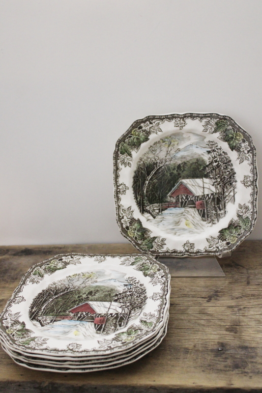 photo of Friendly Village Johnson Bros china set of 6 Covered Bridge salad plates vintage England  #5