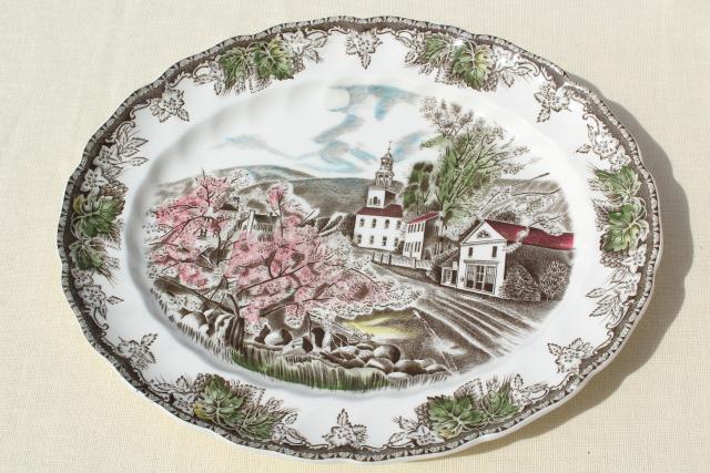 photo of Friendly Village Johnson Bros transferware china platter, village green scene #1