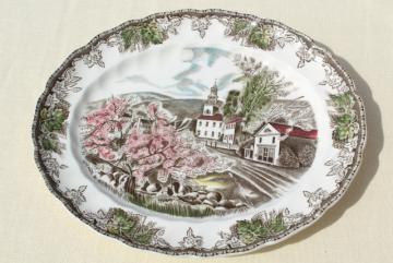 catalog photo of Friendly Village Johnson Bros transferware china platter, village green scene