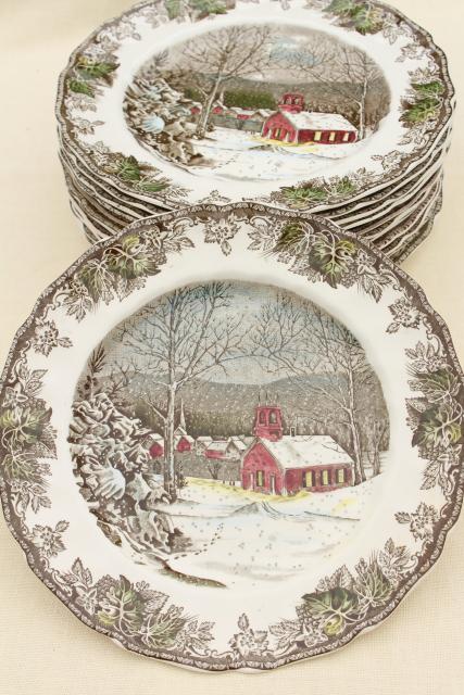 photo of Friendly Village Johnson Bros vintage china, set of 12 dinner plates schoolhouse scene #3