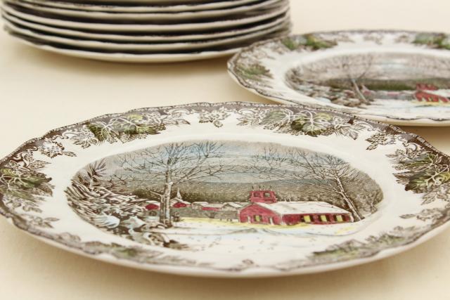 photo of Friendly Village Johnson Bros vintage china, set of 12 dinner plates schoolhouse scene #6