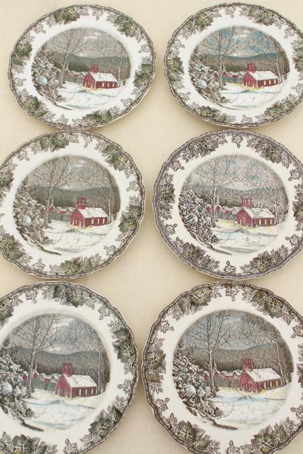 photo of Friendly Village Johnson Bros vintage china, set of 12 dinner plates schoolhouse scene #1