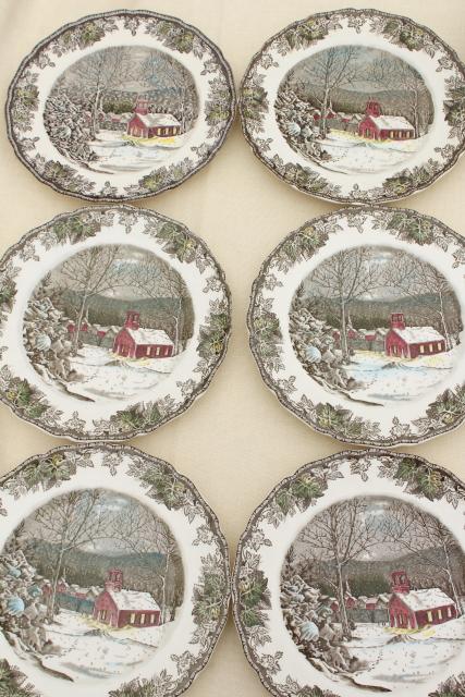 photo of Friendly Village Johnson Bros vintage china, set of 12 dinner plates schoolhouse scene #7