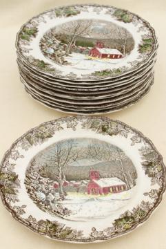 catalog photo of Friendly Village Johnson Bros vintage china, set of 12 dinner plates schoolhouse scene