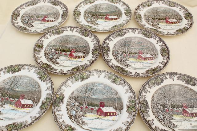 photo of Friendly Village Johnson Bros vintage china, set of 8 dinner plates schoolhouse scene #1