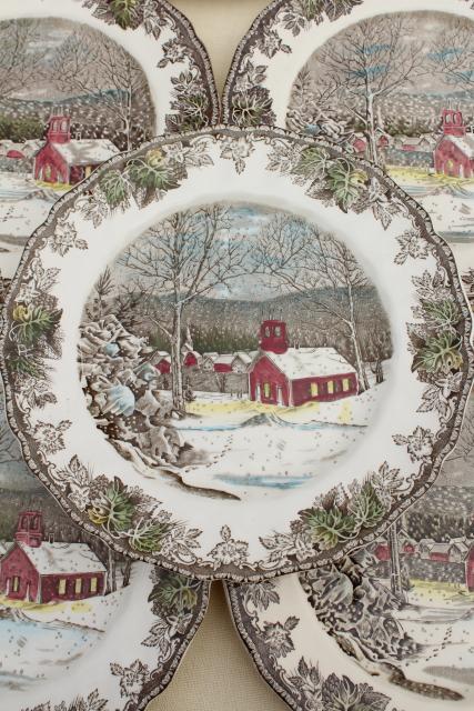 photo of Friendly Village Johnson Bros vintage china, set of 8 dinner plates schoolhouse scene #2