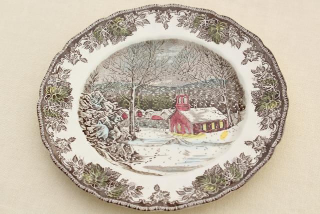 photo of Friendly Village Johnson Bros vintage china, set of 8 dinner plates schoolhouse scene #6