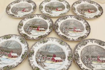 catalog photo of Friendly Village Johnson Bros vintage china, set of 8 dinner plates schoolhouse scene